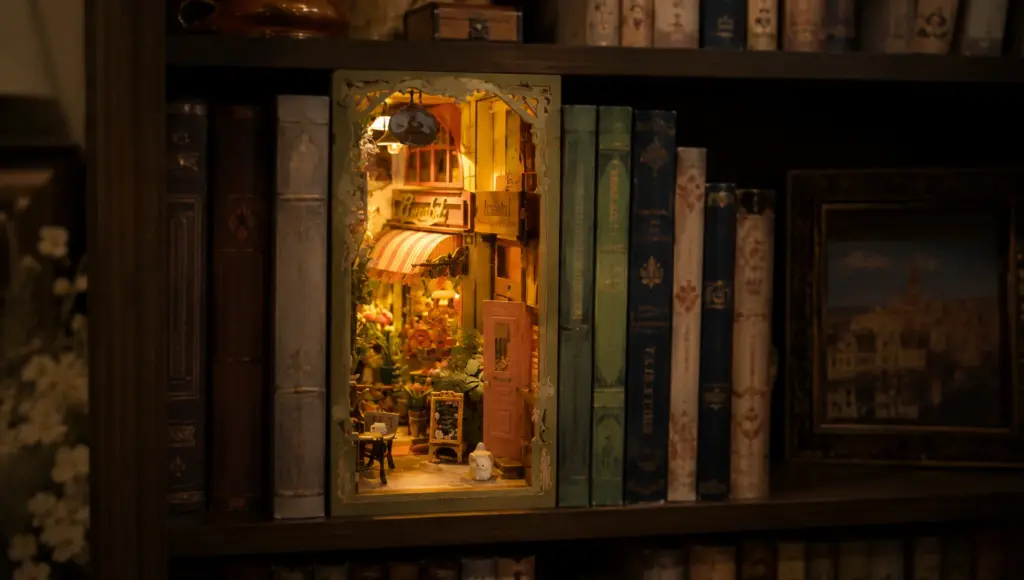 Book Nook Buyer's Guide 3 illuminated miniature alley book nook on shelf