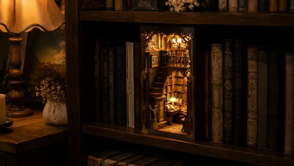 Book Nook Buyer's Guide 4 finished library themed book nook on bookshelf